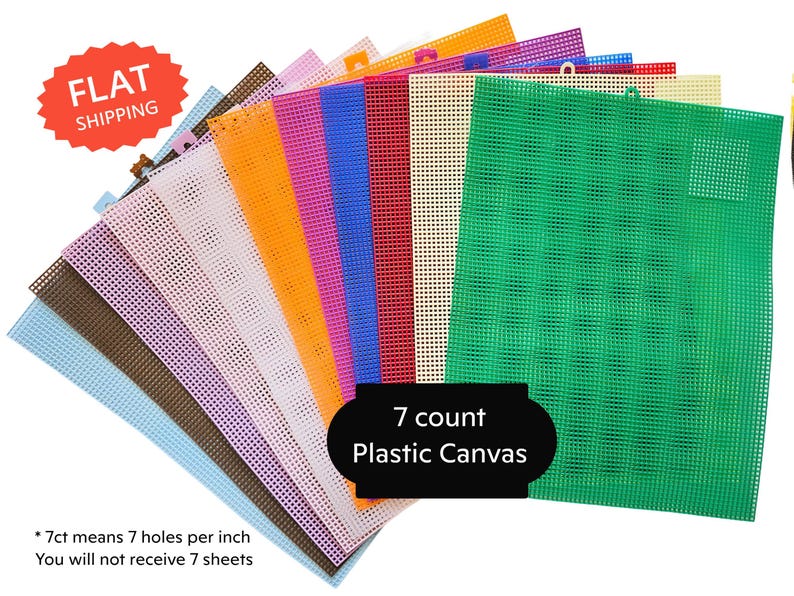 A collection of colorful plastic canvas sheets, with a "FLAT SHIPPING" label and a "7 count Plastic Canvas" sign indicating that the package contains 7 sheets.