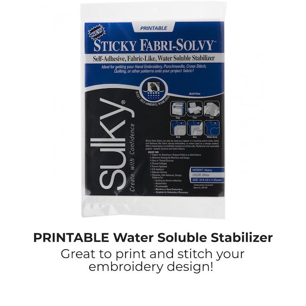 12 feuilles de stabilisateur soluble dans l'eau Sulky de 8 1/2 po. x 11 po. - 457-02, collant Fabri-Solvy, stabilisateur imprimable, stabilisant auto-adhésif