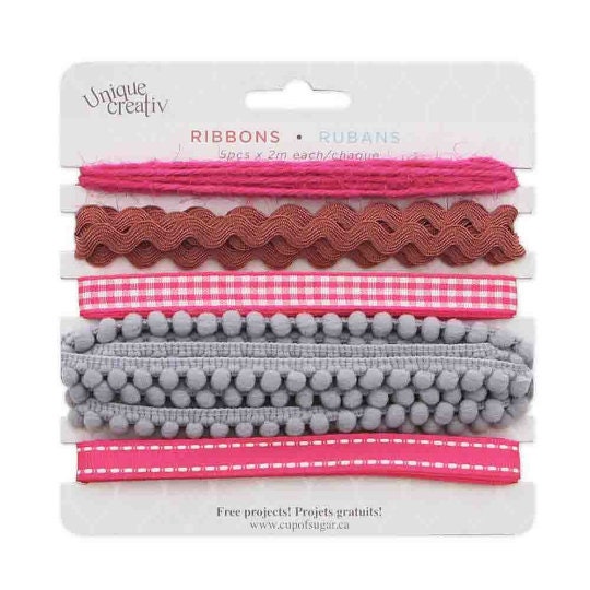Pack Ribbons and Trim (5pcs) - Pink Ribbons, Yellow Ribbons, Grey ...