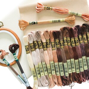 May include: A set of embroidery floss in various shades of brown, beige, and white. The floss is arranged in rows, with the numbers of each color visible. The set also includes a wooden embroidery hoop and a piece of Aida cloth.