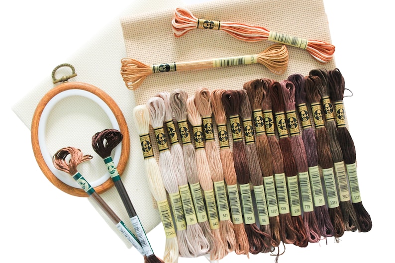 May include: A set of embroidery floss in various shades of brown, beige, and white. The floss is arranged in rows, with the numbers of each color visible. The set also includes a wooden embroidery hoop and a piece of Aida cloth.