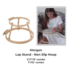 May include: A beige plastic embroidery hoop stand with two hoops. The stand is designed to hold the hoops securely in place, allowing for easy embroidery. The stand is shown with a 5-inch, 7-inch, and 9-inch hoop, and a 7-inch and 10-inch hoop.