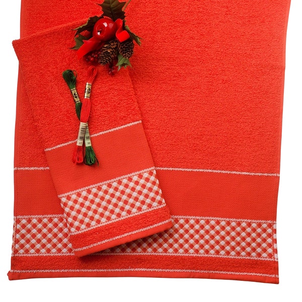 Serviette de cuisine au point de croix (45 cm x 70 cm) 14 comptes Couleur Rouge par Dolher/ AIDA Serviette, Serviette au point de croix, Serviette de cuisine rouge