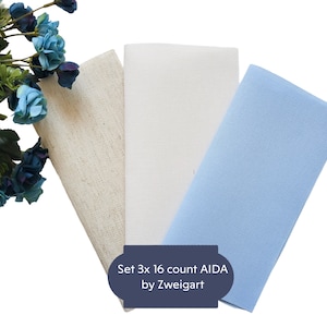 Set 3x AIDA 16 count by Zweigart - Each Cut Measures 10&quot;x10&quot; (Colors: Oatmeal, Ivory, Soft Blue)/ 16ct AIDA, Cross Stitch Fabric