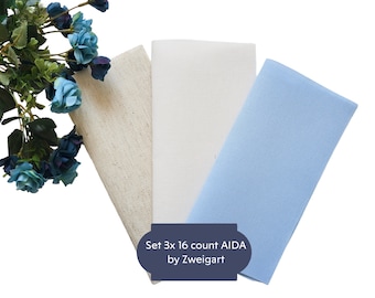 Set 3x AIDA 16 count by Zweigart - Each Cut Measures 10"x10" (Colors: Oatmeal, Ivory, Soft Blue)/ 16ct AIDA, Cross Stitch Fabric