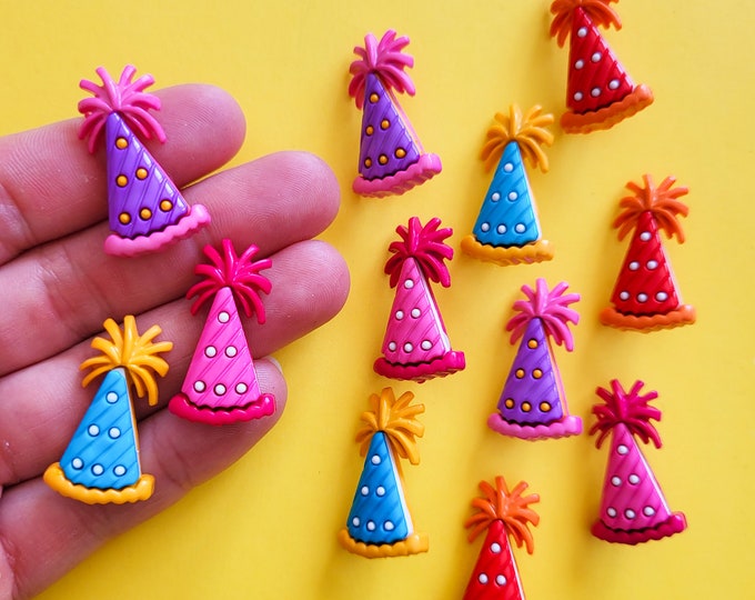 Pack 12x Birthday Hat Buttons 28mm Shank, Birthday Embellishments ...