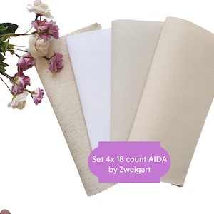 Set 4x AIDA 18 count by Zweigart - Each Cut Measures 10&quot;x10&quot; (Colors: Rustico Fiddler, White, Platinum, Dark Ecru)/ 18ct AIDA, Cross Stitch