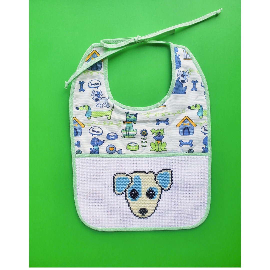 Finished Cross Stitch Bib, Baby Shower Gift, Green Bib Baby, Bib for