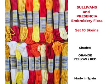 Set 10 Skeins by SULLIVANS and PRESENCIA - Orange/Red/Yellow Shades, Embroidery Floss 6 Strands, Cross Stitch Thread, Embroidery Thread