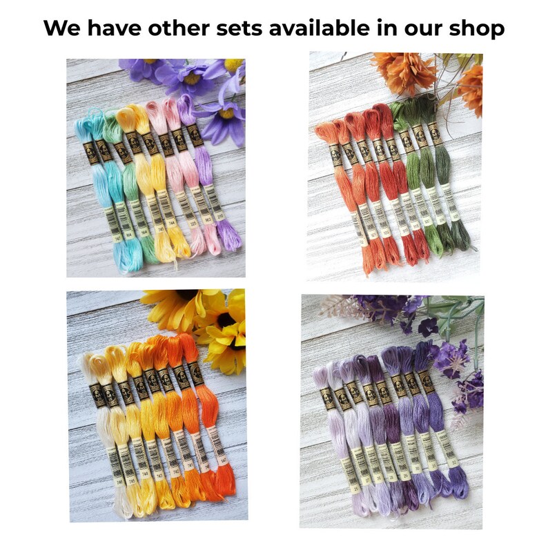 May include: Assortment of embroidery floss in various colors, including pastel pink, light blue, yellow, orange, red, green, purple, and lavender. Each skein of floss is wrapped in a white paper with a gold label.