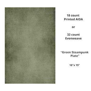 Op de afbeelding: Een groene stoffen achtergrond voor kruissteek- of naaldwerkprojecten. De stof is verkrijgbaar in 18 count bedrukte Aida of 32 count evenweave. De stof is 18 inch bij 19 inch. De tekst "Green Steampunk Plate" is op de stof gedrukt.