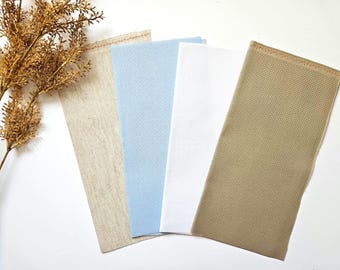 Set 4x AIDA 14 and 16 count count by Zweigart - Each Cut Measures 10"x10" (Colors: White, Dirty, Soft Blue, Oatmeal)