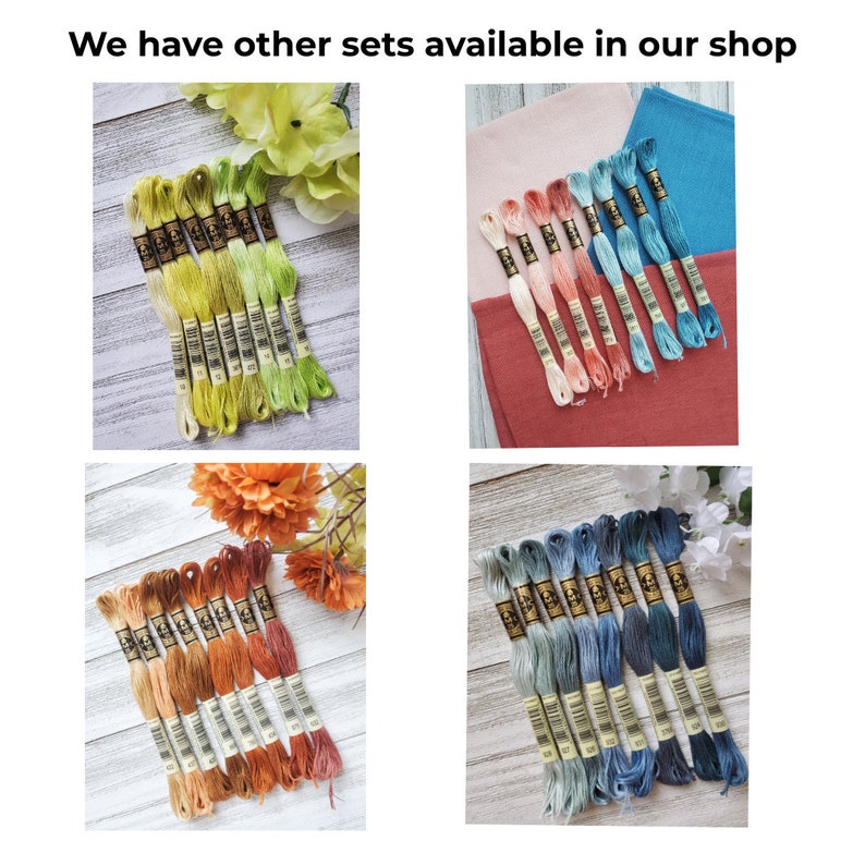 May include: Four sets of embroidery floss in different color palettes. The first set is yellow and green, the second is peach and pink, the third is orange and brown, and the fourth is blue and green.