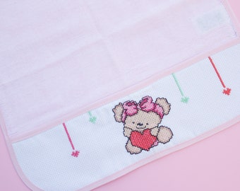 Muslin Towel 13" x 13" Hand Stitched, Baby Shower Gift, Gift for Newborn. Gift for Baby, Cross Stitch Gift, Cross Stitch for Baby, Towel