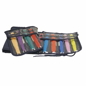 May include: A black fabric roll-up case with clear plastic windows to hold and organize embroidery floss. The case has a drawstring closure and is filled with colorful floss.