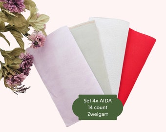 Set 4x AIDA 14 count by Zweigart - Each Cut Measures 10"x10" (Colors: Christmas Red, Medium Green, Vintage Lilac, White and Silver)