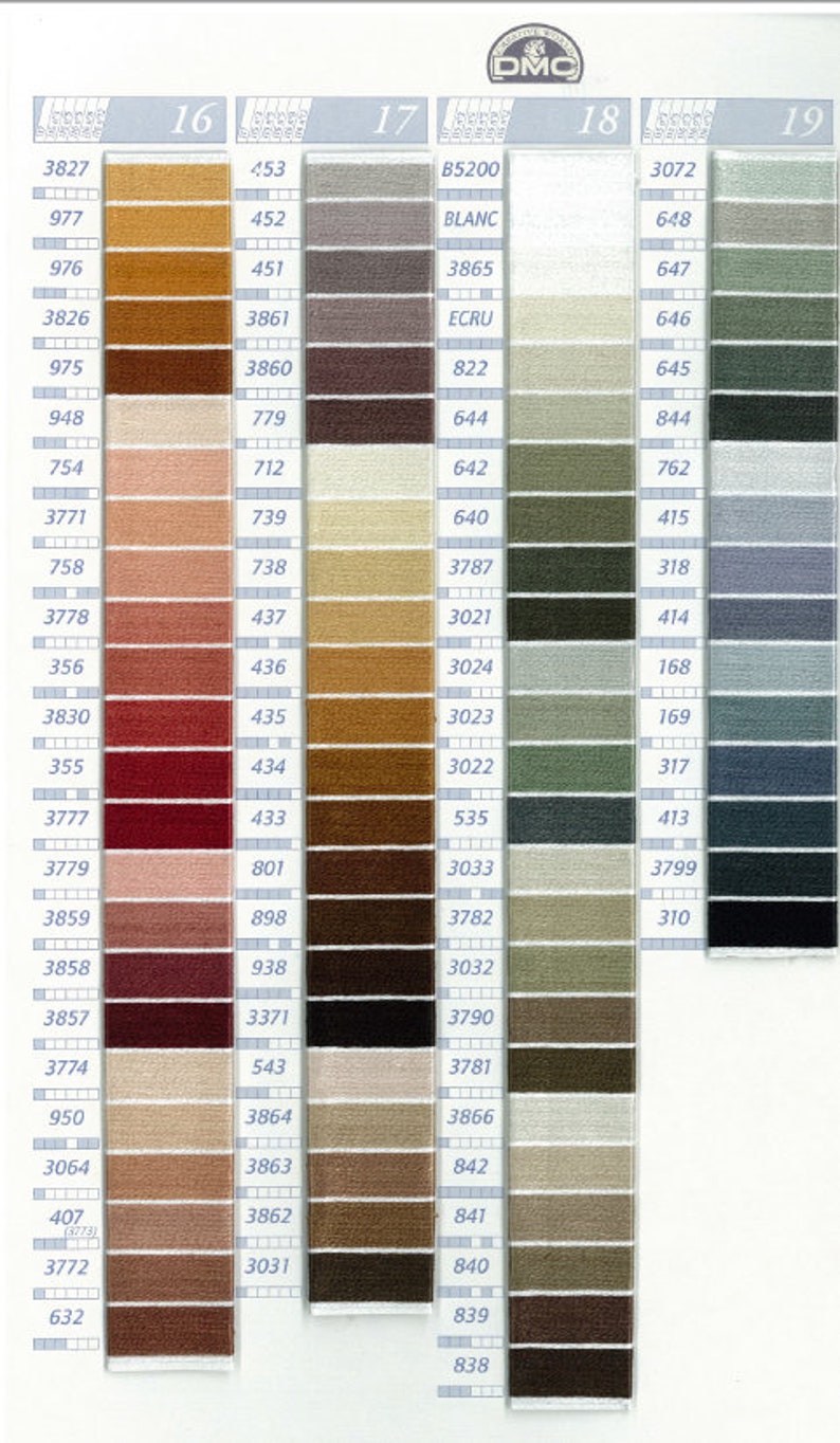 May include: A color chart from DMC featuring a wide array of embroidery floss shades. The chart displays numerous color swatches, each with a unique number, ranging from light neutrals to deep, rich hues. The DMC logo is at the top.