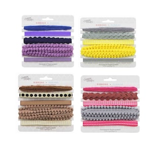 Lot de 5 rubans et bordures roses, rubans jaunes, rubans gris, rubans roses, pompons roses, rubans à pois, bordures rouges