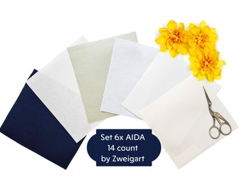 Set 6x AIDA 14 count by Zweigart -Each Cut Measures approx. 7"x7" (Colors: Ant. White, White, Ivory, Vint.Blue, Medium Green and Navy)