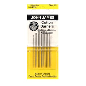Agujas de zurcir de algodón John James - Tamaño 3/9 - Paquete de 12 agujas / Agujas cortas para zurcir