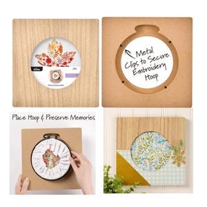 May include: Wooden embroidery hoop display frames with a circular aperture. One frame features a floral design, another has text reading "Metal Clips to Secure Embroidery Hoop", and a third shows an embroidery hoop in place. The frames are square.