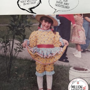May include: A young person in a yellow dress with a floral pattern, blue trim, and a red belt. The outfit includes matching shorts and red shoes. Text bubbles say "You are very welcome in my shop" and "Message me if you have any questions!"