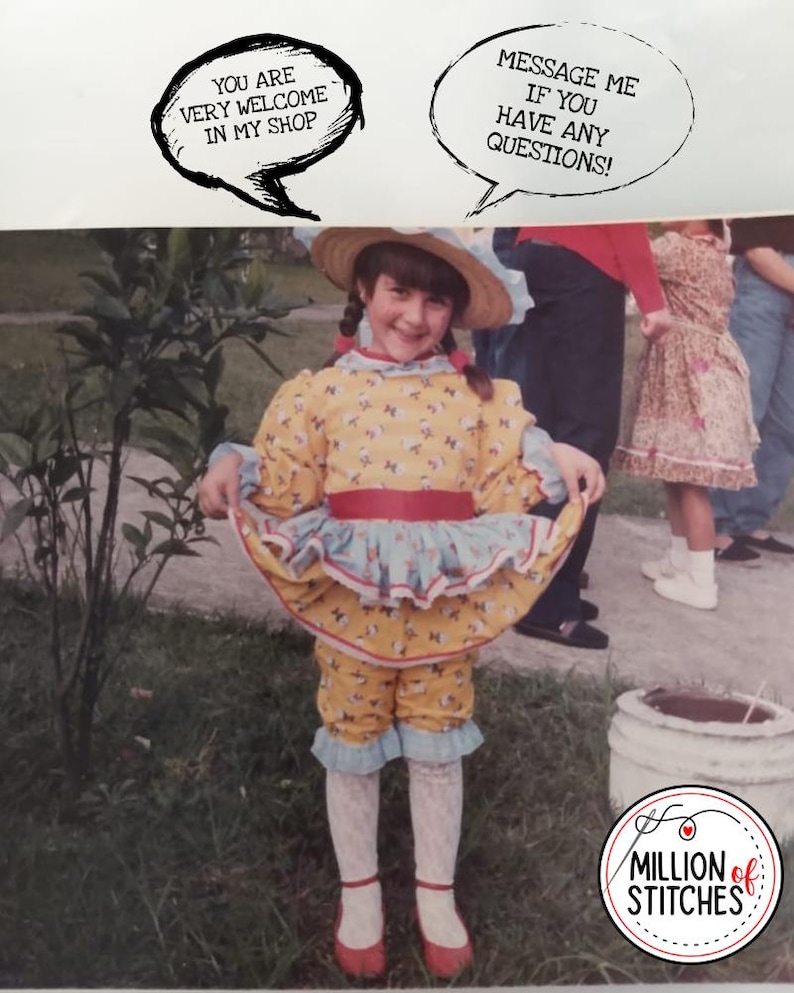 May include: A young person in a yellow dress with a floral pattern, blue trim, and a red belt. The outfit includes matching shorts and red shoes. Text bubbles say "You are very welcome in my shop" and "Message me if you have any questions!"