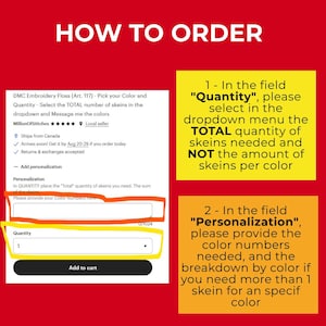 May include: A red graphic with instructions on how to order DMC embroidery floss. The text includes "HOW TO ORDER" at the top, with details on quantity and personalization fields. The image also shows a shopping cart button.