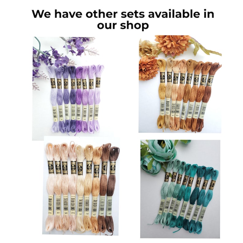 K&ouml;nnte beinhalten: Sortiment an Stickgarn in verschiedenen Farben, darunter Lila, Braun, Beige und T&uuml;rkis. Jede Spule ist mit einer Nummer gekennzeichnet. Wir haben weitere Sets in unserem Shop.