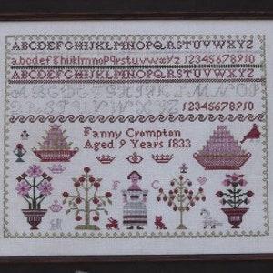 Kruissteekpatroon &quot;An Orchard Invisible Fanny Crompton 1833&quot; uit 1897 Schoolhouse Samplers (reproductie door Ann Bancks)
