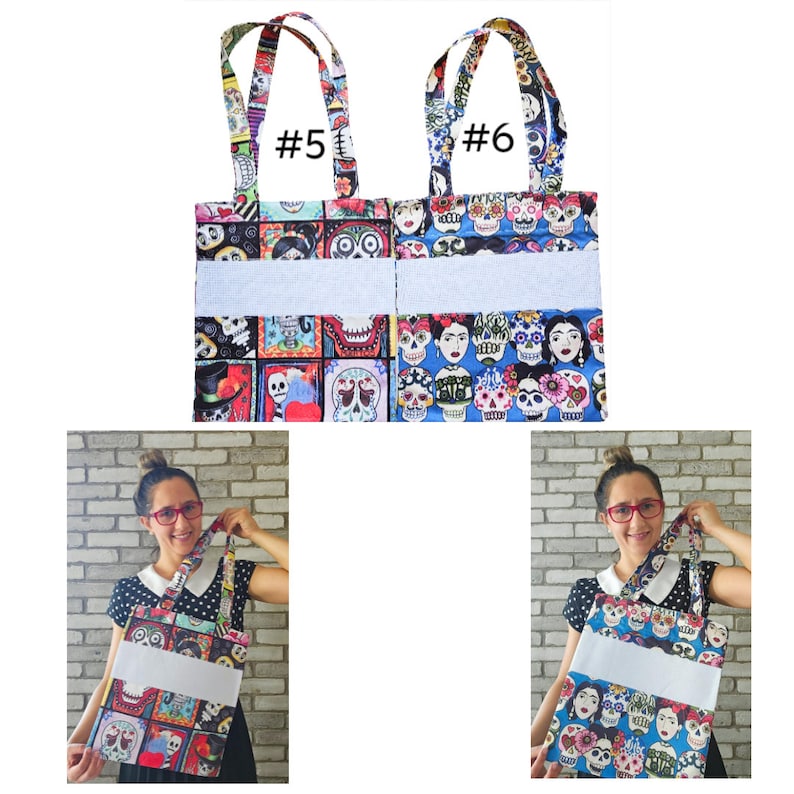 May include: Two colorful tote bags with a white stripe and a Day of the Dead skull pattern. The bags are labeled #5 and #6. A third tote bag with the same pattern is being held by a person in front of a brick wall.