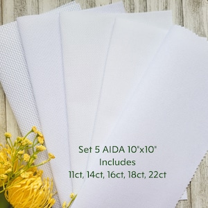 Set 5 (Five) AIDA Fabric Cut 10&quot;x10&quot; in 11ct, 14ct, 16ct, 18ct, 22ct in Color White/ Cross Stitch Fabric/ Needlepoint Fabric