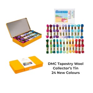 May include: A yellow tin containing a selection of colourful embroidery threads. The image also shows a colour chart and a closed yellow box. The text on the image reads "DMC Tapestry Wool Collector's Tin 24 New Colours."