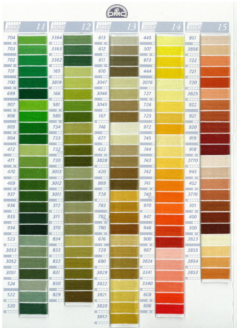 May include: A color chart for DMC embroidery floss, featuring a wide range of hues. The chart is organized in columns, with each color identified by a number. The colors range from greens and yellows to oranges and browns.