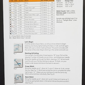 Peut inclure: Instructions de couture pour un projet de broderie au point de croix. Les instructions comprennent un tableau de couleurs avec les num&eacute;ros de fil DMC, les noms d'ancrage, la longueur estim&eacute;e des &eacute;cheveaux et le nombre de points. Les instructions comprennent &eacute;galement des diagrammes montrant comment faire un point de croix et un point arri&egrave;re.
