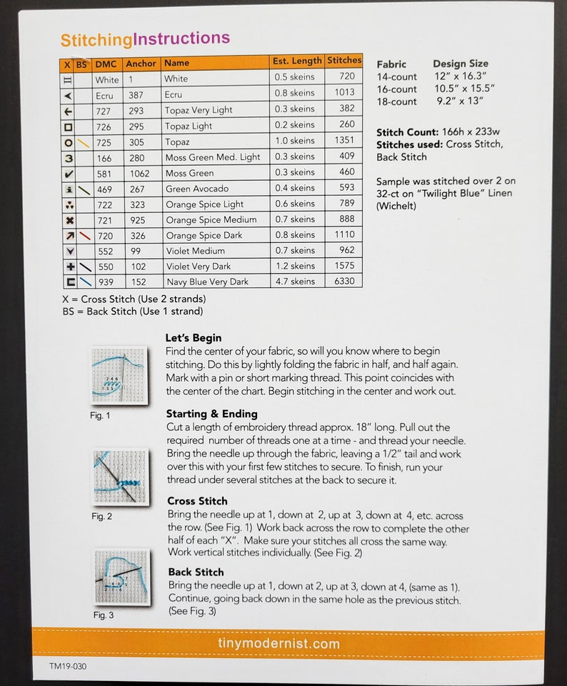 Peut inclure: Instructions de couture pour un projet de broderie au point de croix. Les instructions comprennent un tableau de couleurs avec les num&eacute;ros de fil DMC, les noms d'ancrage, la longueur estim&eacute;e des &eacute;cheveaux et le nombre de points. Les instructions comprennent &eacute;galement des diagrammes montrant comment faire un point de croix et un point arri&egrave;re.