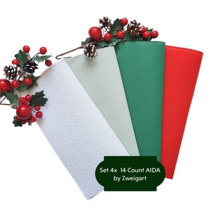 Set 4x AIDA 14 count by Zweigart - Each Cut Measures 10&quot;x10&quot; (Colors: Christmas Red, Christmas Green, Medium Green, White and Silver)