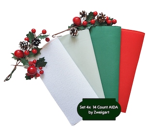 Set 4x AIDA 14 count by Zweigart - Each Cut Measures 10"x10" (Colors: Christmas Red, Christmas Green, Medium Green, White and Silver)
