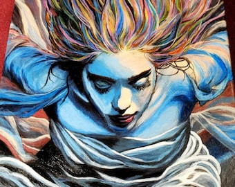 May include: An original painting on canvas shows a figure with blue skin and closed eyes, draped in flowing white fabric. The figure's hair is a vibrant mix of colours, including yellow, orange, and blue. The artwork is set against a dark red background.