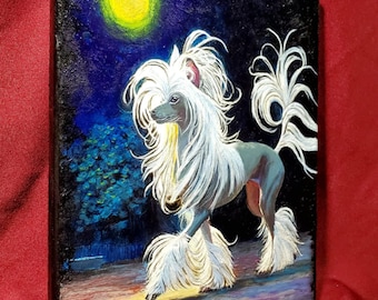 Chinese Crested Dog Original Painting on Canvas "Midnight Walk"