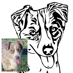 May include: Black and white line art illustration of a dog's head. The dog has a long snout, floppy ears, and a tongue sticking out. The dog's eyes are large and round.