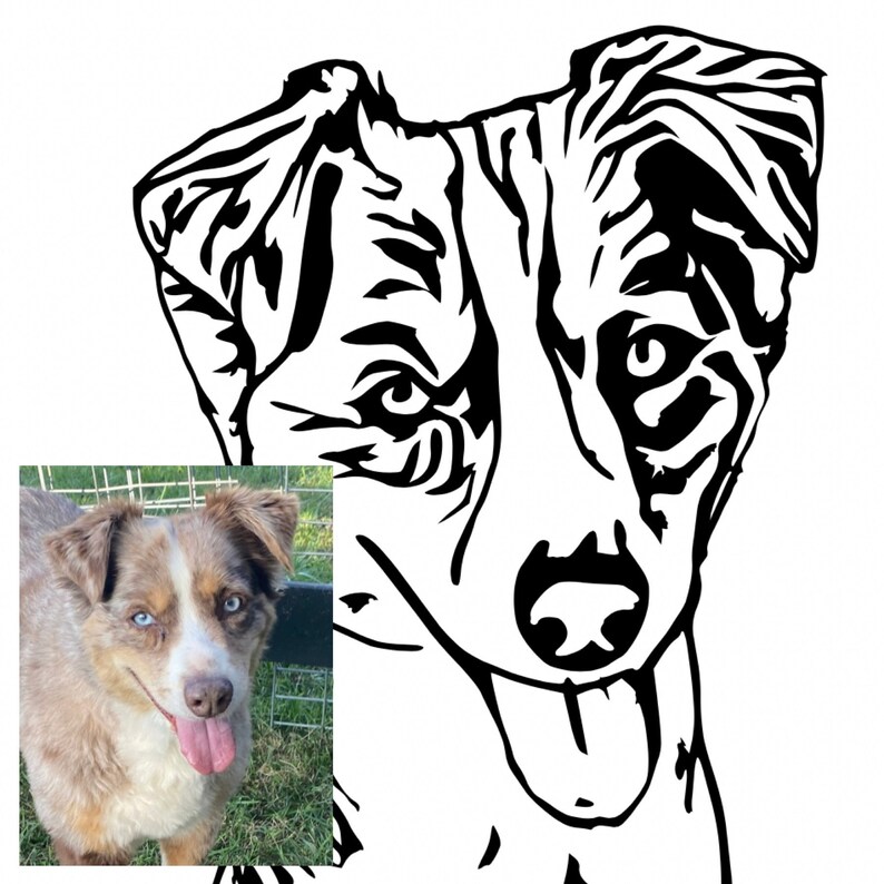 May include: Black and white line art illustration of a dog's head. The dog has a long snout, floppy ears, and a tongue sticking out. The dog's eyes are large and round.