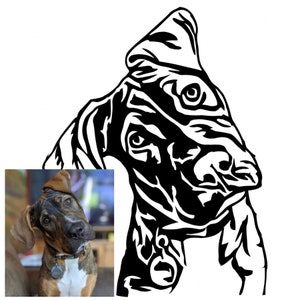 May include: Black and white line art illustration of a dog's head. The dog has a short, pointed snout and large, floppy ears. The illustration is stylized and has a bold, graphic look.