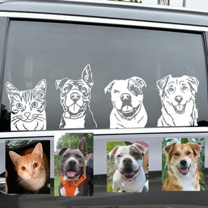 May include: A car window with five white silhouette decals of a cat and four dogs. The cat is on the left side of the window, and the dogs are on the right side. The decals are all smiling.