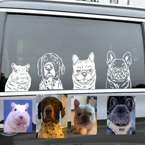 May include: A car window with five white vinyl decals of different animals. The decals include a gerbil, a pointer dog, a French bulldog, a French bulldog, and a black and white French bulldog.