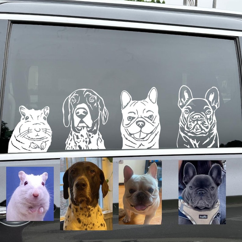 May include: A car window with five white vinyl decals of different animals. The decals include a gerbil, a pointer dog, a French bulldog, a French bulldog, and a black and white French bulldog.