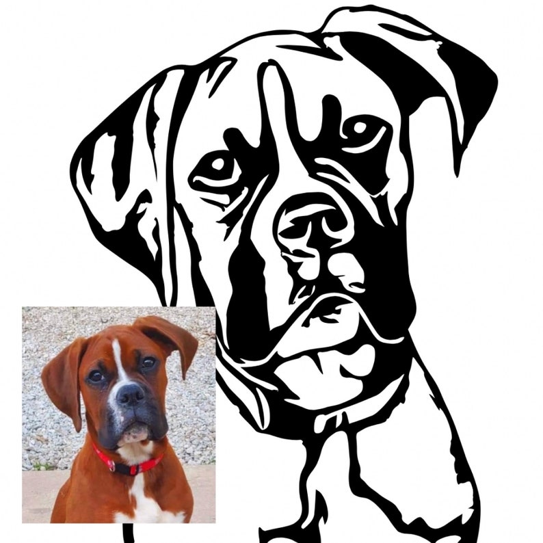 May include: Black and white line art illustration of a Boxer dog's head. The dog has a serious expression and is looking directly at the viewer.