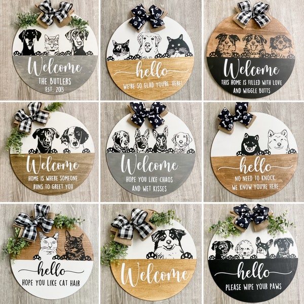 Pet Welcome Sign/ Pet Door Sign/ Dog Door Sign/Pet Portrait Wreath/ Dog Door Hanger/ Cat Door Decor/ Pet Owner Gift/ Pet Peek Door Sign/