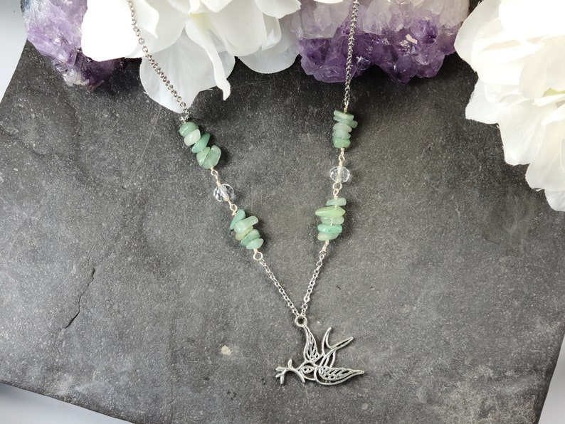 Green Aventurine Beaded Peace Dove Necklace Gemstone Jewelry Gift for Her