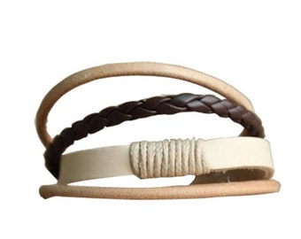 Multilayer Fashion Leather Bracelet - Adjustable, Beige and Brown